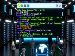 Dunkler Serverraum mit großen HTML-Code-Schnipseln, internationalen Experten, Weltkarten auf Monitoren und Google-Logo, ergänzt durch Symbole für Barrierefreiheit.