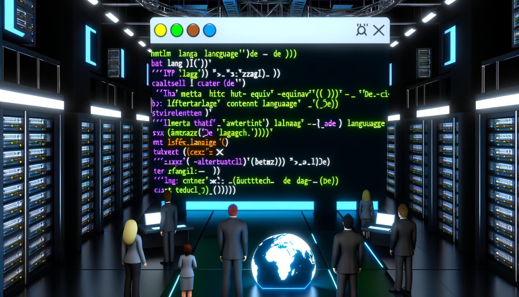 Dunkler Serverraum mit großen HTML-Code-Schnipseln, internationalen Experten, Weltkarten auf Monitoren und Google-Logo, ergänzt durch Symbole für Barrierefreiheit.