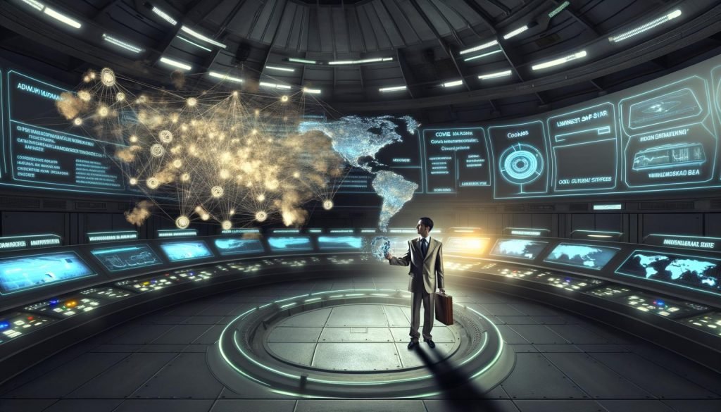 Business-Casual-Marketer in modernem Kontrollraum, mit digitalen Dashboards und Website-Datenfluss durch einen sicheren Server, umgeben von abgewiesenen Cookies, Adblockern und Client Side Wolken.