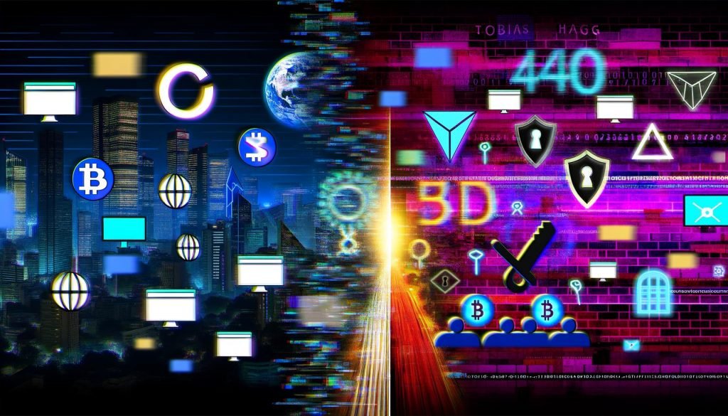 Futuristische digitale Stadt, links Web2-Logos im Verfall, rechts bunte Web3-Symbole wie Bored Apes, Wallets und Communities mit technisch-rebellischer Stimmung.