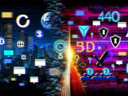 Futuristische digitale Stadt, links Web2-Logos im Verfall, rechts bunte Web3-Symbole wie Bored Apes, Wallets und Communities mit technisch-rebellischer Stimmung.