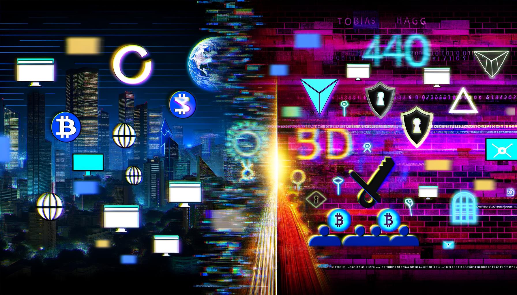 Futuristische digitale Stadt, links Web2-Logos im Verfall, rechts bunte Web3-Symbole wie Bored Apes, Wallets und Communities mit technisch-rebellischer Stimmung.