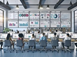 Modernes Redaktionsteam arbeitet an großen Monitoren mit Editorial Workflow Dashboards und digitalen Tools in einem hellen Loft-Büro.