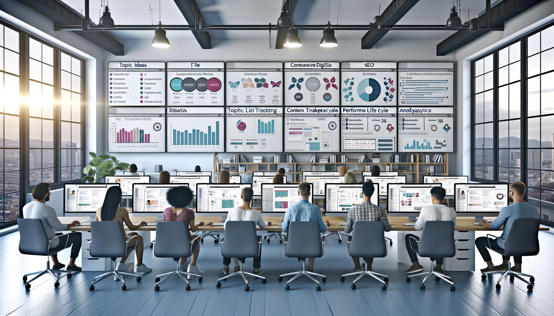 Modernes Redaktionsteam arbeitet an großen Monitoren mit Editorial Workflow Dashboards und digitalen Tools in einem hellen Loft-Büro.