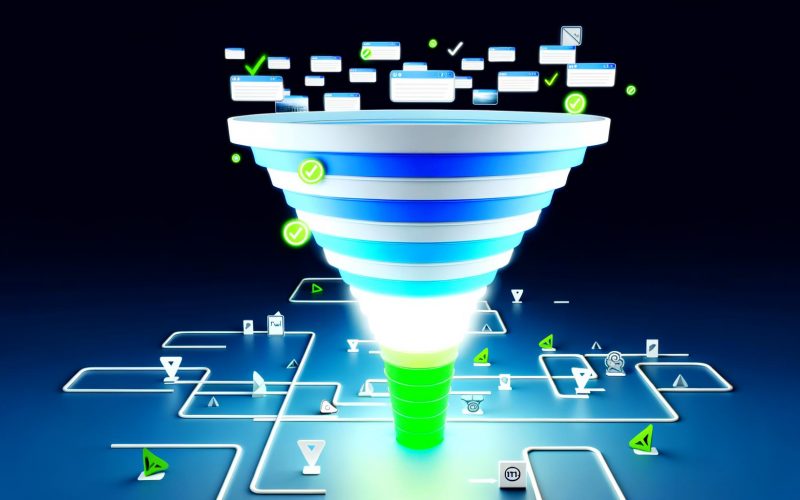 Stilisierte Illustration eines digitalen Funnels mit Browserfenstern, verwischten Werbebannern und Suchergebnissen, die Nutzer zur finalen URL führen, inklusive Tracking- und Redirect-Symbolen.