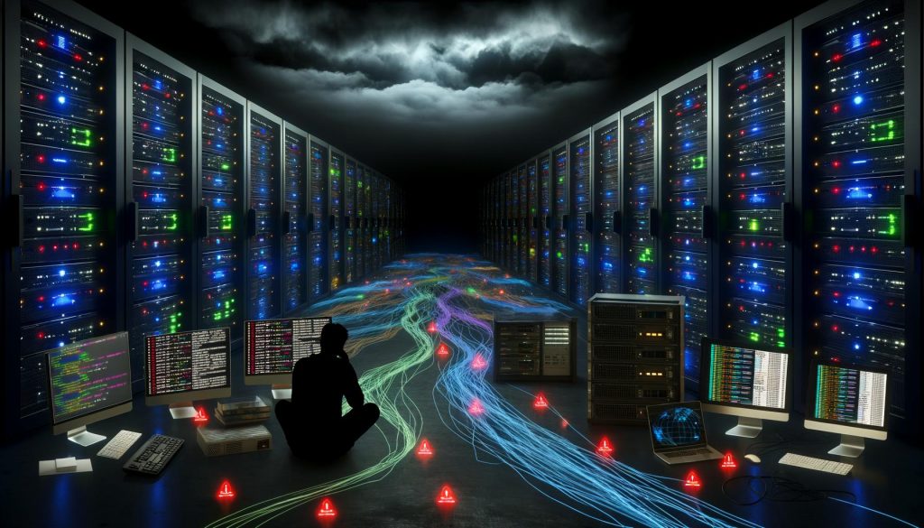 Ein Analyst sitzt gestresst zwischen Server-Racks und blickt auf mehrere Bildschirme mit komplexen Netzwerk-Daten, während um ihn herum Datenströme im Technikraum verlaufen.