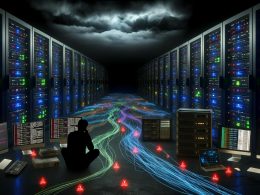Ein Analyst sitzt gestresst zwischen Server-Racks und blickt auf mehrere Bildschirme mit komplexen Netzwerk-Daten, während um ihn herum Datenströme im Technikraum verlaufen.