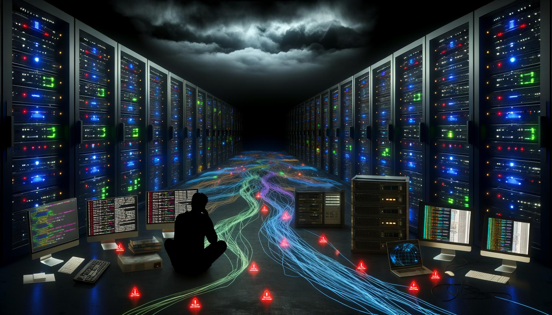 Ein Analyst sitzt gestresst zwischen Server-Racks und blickt auf mehrere Bildschirme mit komplexen Netzwerk-Daten, während um ihn herum Datenströme im Technikraum verlaufen.