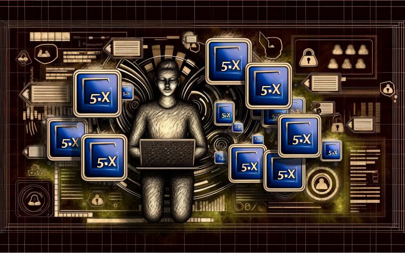 Person bedient mehrere digitale Geräte, umgeben von Pop-up-Werbebannern mit Frequenz-Capping-Symbolen, vor einem datentechnischen Hintergrund mit Datenschutz- und Privatsphäre-Icons.