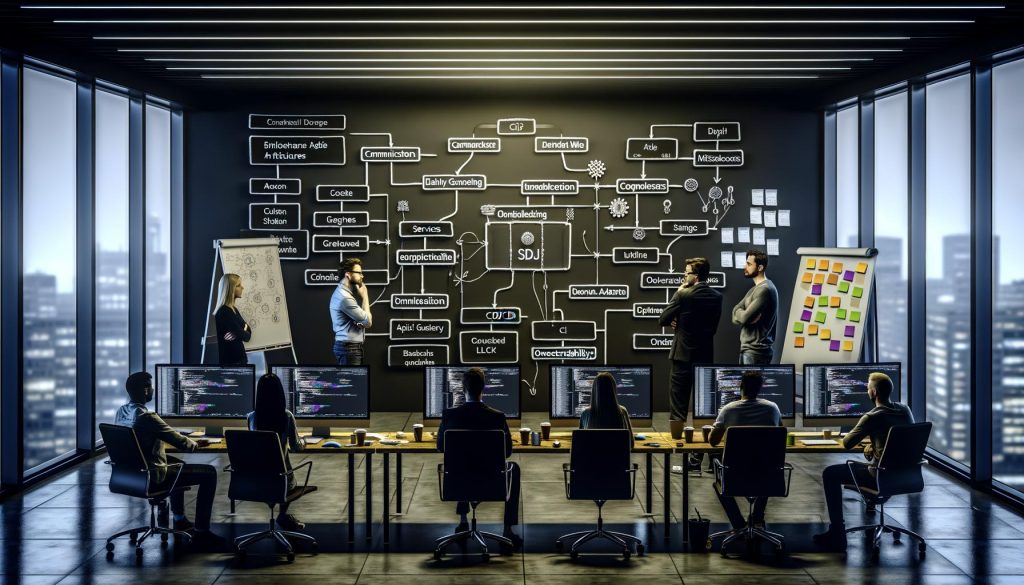 Entwicklerteam im dunklen Büro analysiert Microservice-Architektur am Whiteboard, umgeben von Monitoren mit Code und Fehlerprotokollen, leeren Kaffeetassen und technischen Notizen.