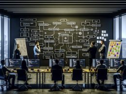 Entwicklerteam im dunklen Büro analysiert Microservice-Architektur am Whiteboard, umgeben von Monitoren mit Code und Fehlerprotokollen, leeren Kaffeetassen und technischen Notizen.