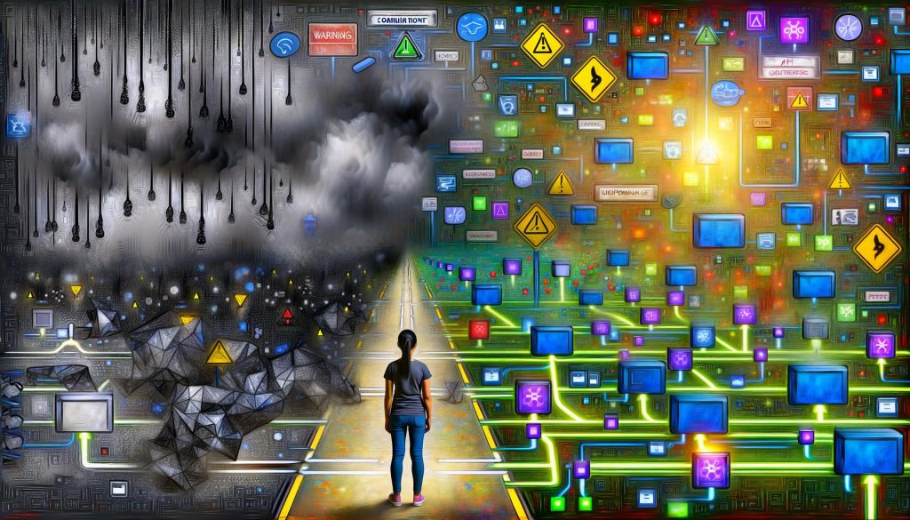 Technische Illustration eines Entwicklers zwischen einem massiven Software-Monolithen mit Warnzeichen und einem bunten Netzwerk aus Microservices, API-Gateways und Kubernetes-Clustern.