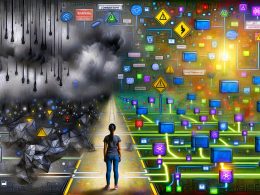 Technische Illustration eines Entwicklers zwischen einem massiven Software-Monolithen mit Warnzeichen und einem bunten Netzwerk aus Microservices, API-Gateways und Kubernetes-Clustern.