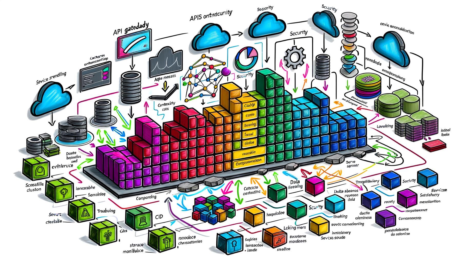 Moderne Microservice-Stack-Illustration: Bunte Microservice-Blöcke, API-Gateway, Kubernetes, Service Mesh, Security und weitere Infrastrukturkomponenten als technische Architekturübersicht.