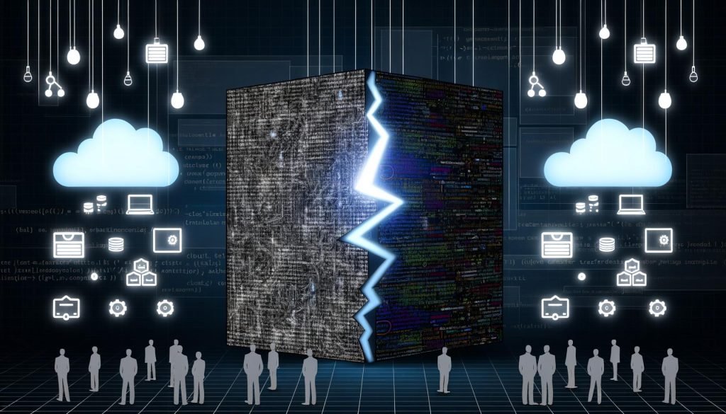 Illustration von Entwicklern vor einer geteilten Code-Mauer zwischen Monolith und Microservices mit Cloud- und Container-Symbolen im Flat-Design.