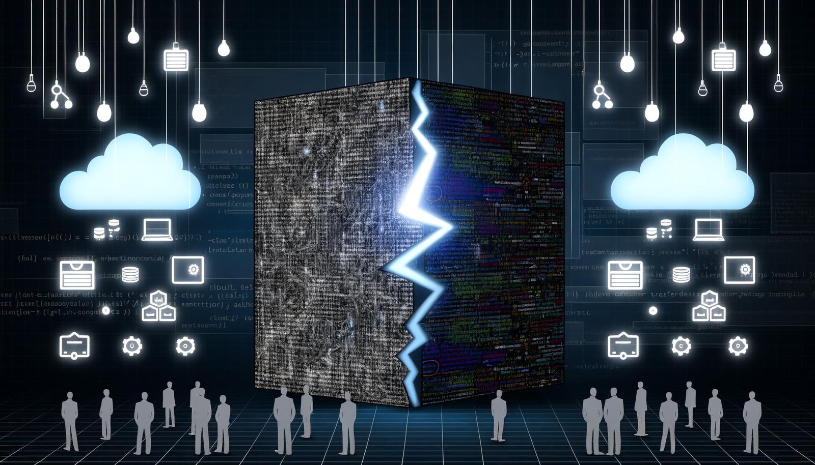 Illustration von Entwicklern vor einer geteilten Code-Mauer zwischen Monolith und Microservices mit Cloud- und Container-Symbolen im Flat-Design.