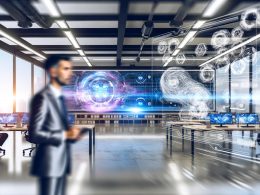 Futuristisches Großraumbüro mit Marketingprofi, der an mehreren Displays mit Datengrafiken und KI-Modellen arbeitet, umgeben von holografischen Elementen.