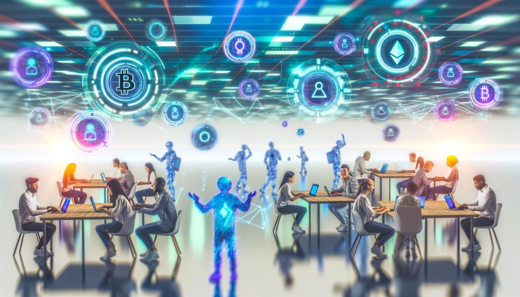 Entwickler:innen arbeiten an Laptops in einem hellen, offenen Raum, umgeben von schwebenden Blockchain- und Netzwerk-Symbolen sowie holographischen Interfaces.