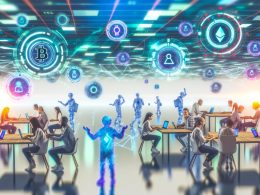 Entwickler:innen arbeiten an Laptops in einem hellen, offenen Raum, umgeben von schwebenden Blockchain- und Netzwerk-Symbolen sowie holographischen Interfaces.