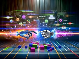 Menschliche und Roboterhand stoßen sich über digitalem Tisch mit Datenströmen, Marketing-Diagrammen und Social-Media-Logos ab; im Hintergrund leuchtende Netzwerkstrukturen.