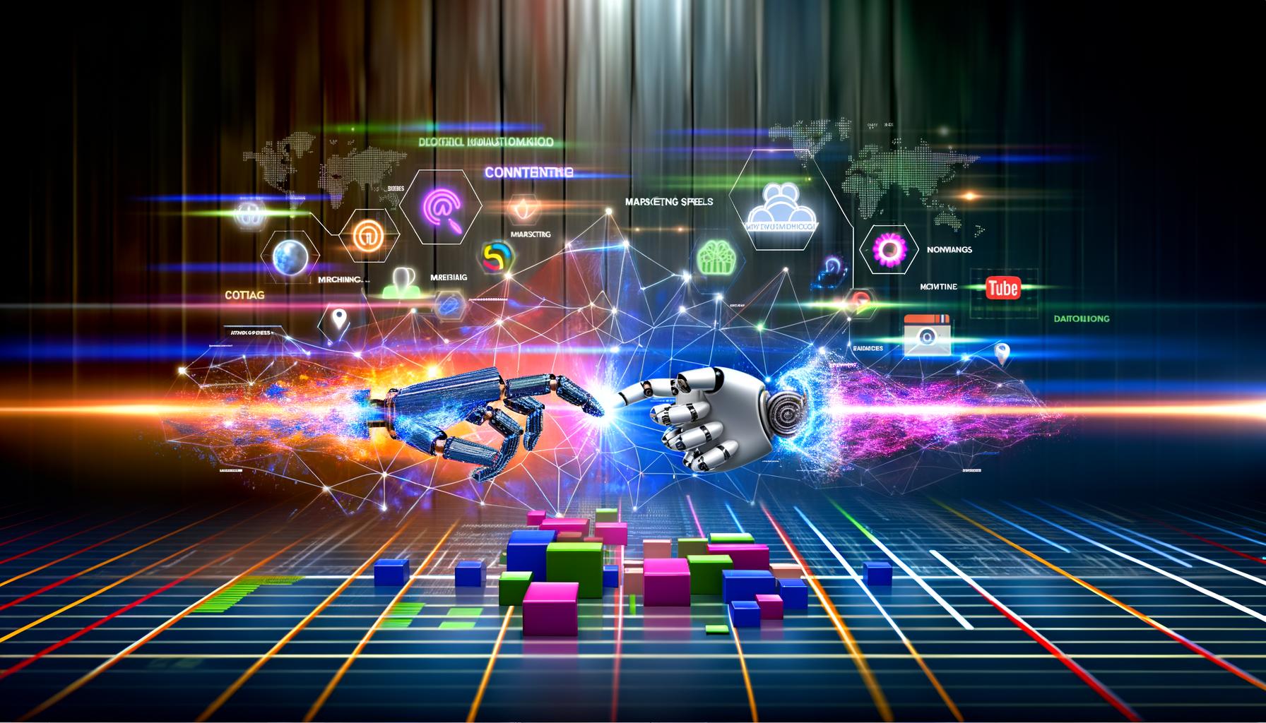 Menschliche und Roboterhand stoßen sich über digitalem Tisch mit Datenströmen, Marketing-Diagrammen und Social-Media-Logos ab; im Hintergrund leuchtende Netzwerkstrukturen.