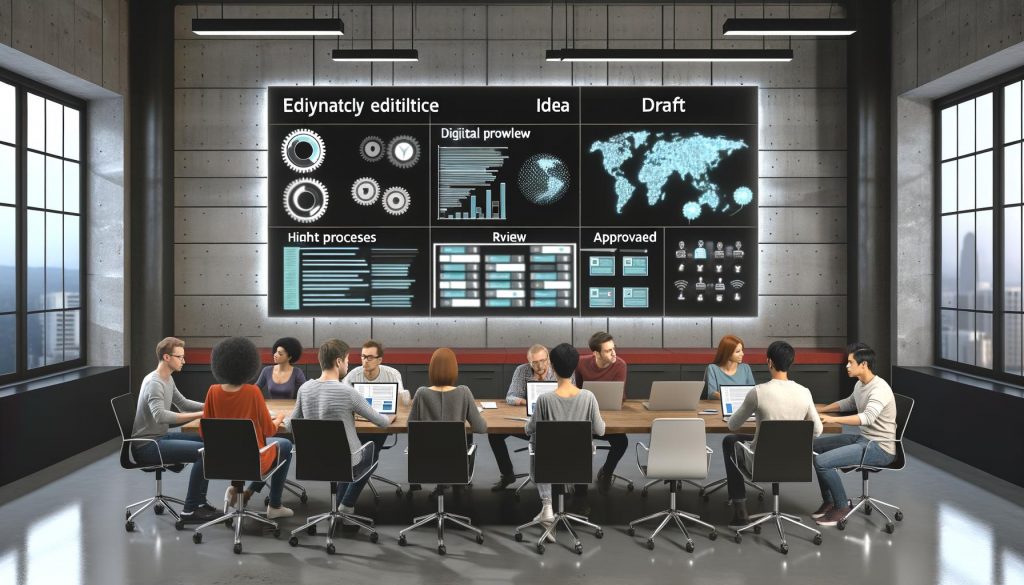 Redaktionsteam arbeitet an Laptops im modernen Loft-Büro vor digitalem Dashboard mit Content-Prozessen