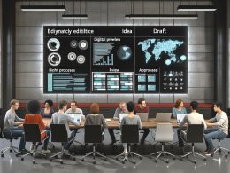 Redaktionsteam arbeitet an Laptops im modernen Loft-Büro vor digitalem Dashboard mit Content-Prozessen