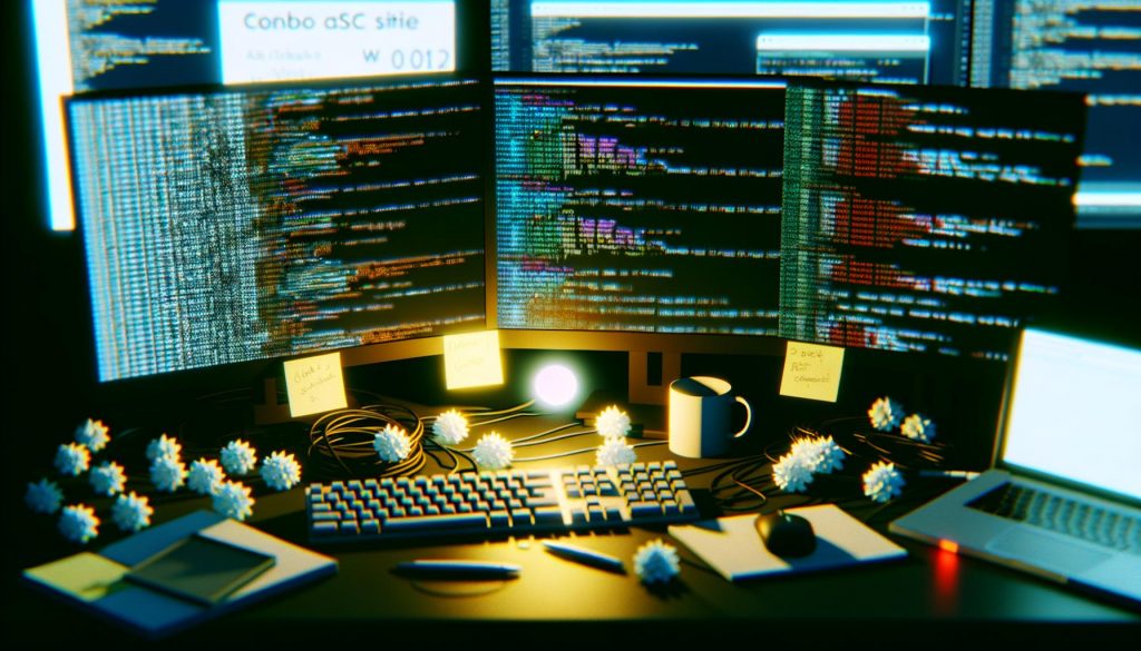 Stylischer, dunkler Technik-Arbeitsplatz mit Multi-Screens, farbigen Fehlermeldungen, API-Antworten, Code-Editoren und Entwickler-Tools, daneben Notizzettel, Kabel und eine Kaffeetasse – im Hintergrund ein unscharfer LinkedIn-Bildschirm.