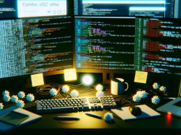 Stylischer, dunkler Technik-Arbeitsplatz mit Multi-Screens, farbigen Fehlermeldungen, API-Antworten, Code-Editoren und Entwickler-Tools, daneben Notizzettel, Kabel und eine Kaffeetasse – im Hintergrund ein unscharfer LinkedIn-Bildschirm.