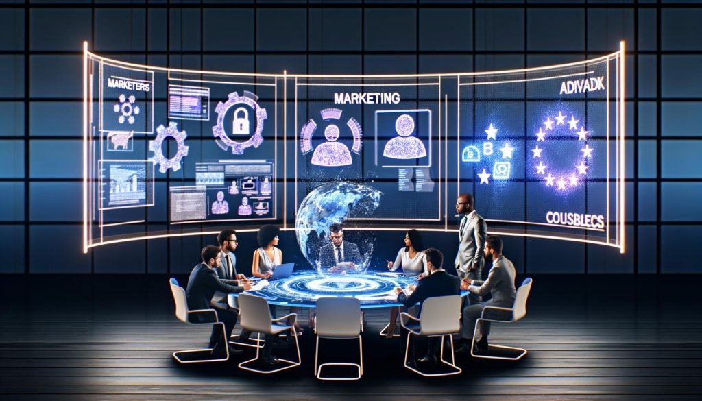 Futuristischer Konferenzraum mit diversen Fachleuten, die um einen leuchtenden digitalen Tisch arbeiten, umgeben von holografischen Werbeanalysen und DSA-EU-Billboards.