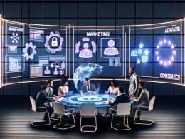 Futuristischer Konferenzraum mit diversen Fachleuten, die um einen leuchtenden digitalen Tisch arbeiten, umgeben von holografischen Werbeanalysen und DSA-EU-Billboards.