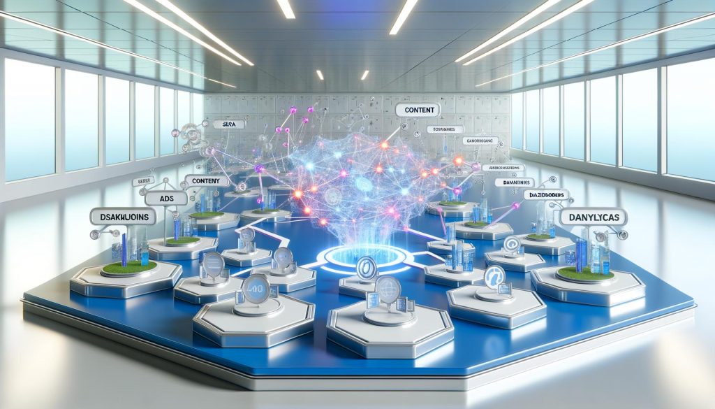 Abbildung eines stilisierten neuronalen Netzwerks mit leuchtenden, verbundenen Knoten, die verschiedene digitale Marketingbereiche symbolisieren; umgeben von modularen Frameworks, Datenpipelines, Dashboards und Cloud-Services in einem modernen Tech-Labor.