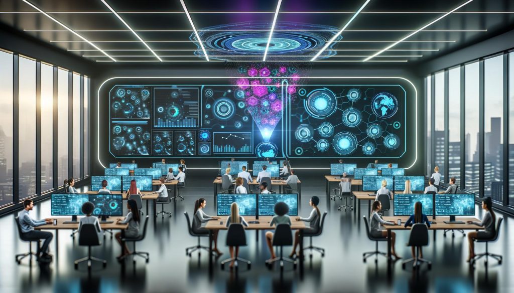 Futuristischer Kontrollraum im digitalen Marketing mit Mitarbeitenden vor Bildschirmen, Hologrammen und datenbasierten Dashboards in offenem Büro