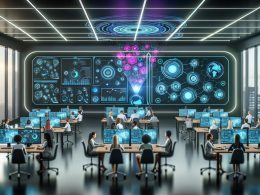 Futuristischer Kontrollraum im digitalen Marketing mit Mitarbeitenden vor Bildschirmen, Hologrammen und datenbasierten Dashboards in offenem Büro