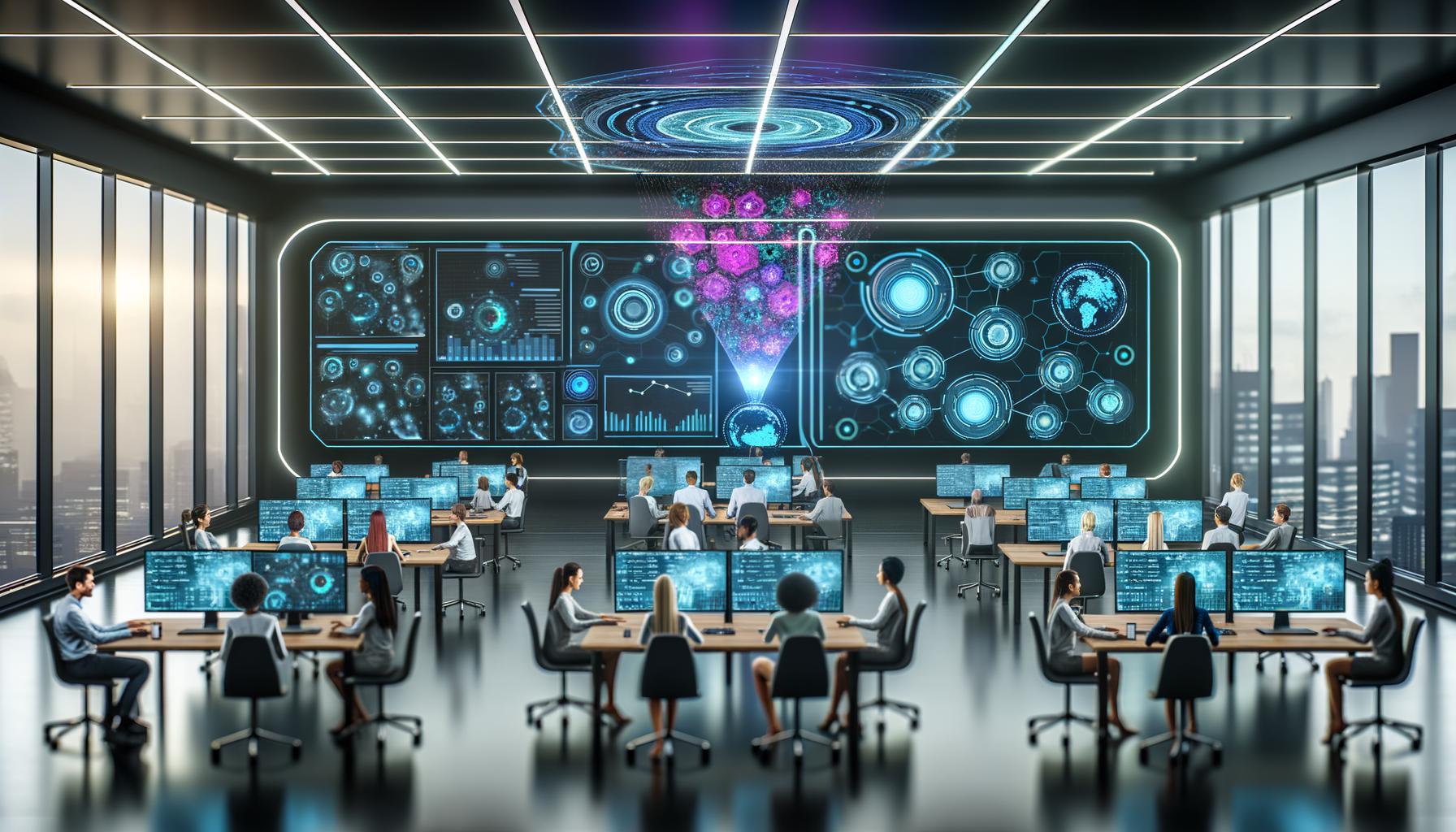 Futuristischer Kontrollraum im digitalen Marketing mit Mitarbeitenden vor Bildschirmen, Hologrammen und datenbasierten Dashboards in offenem Büro