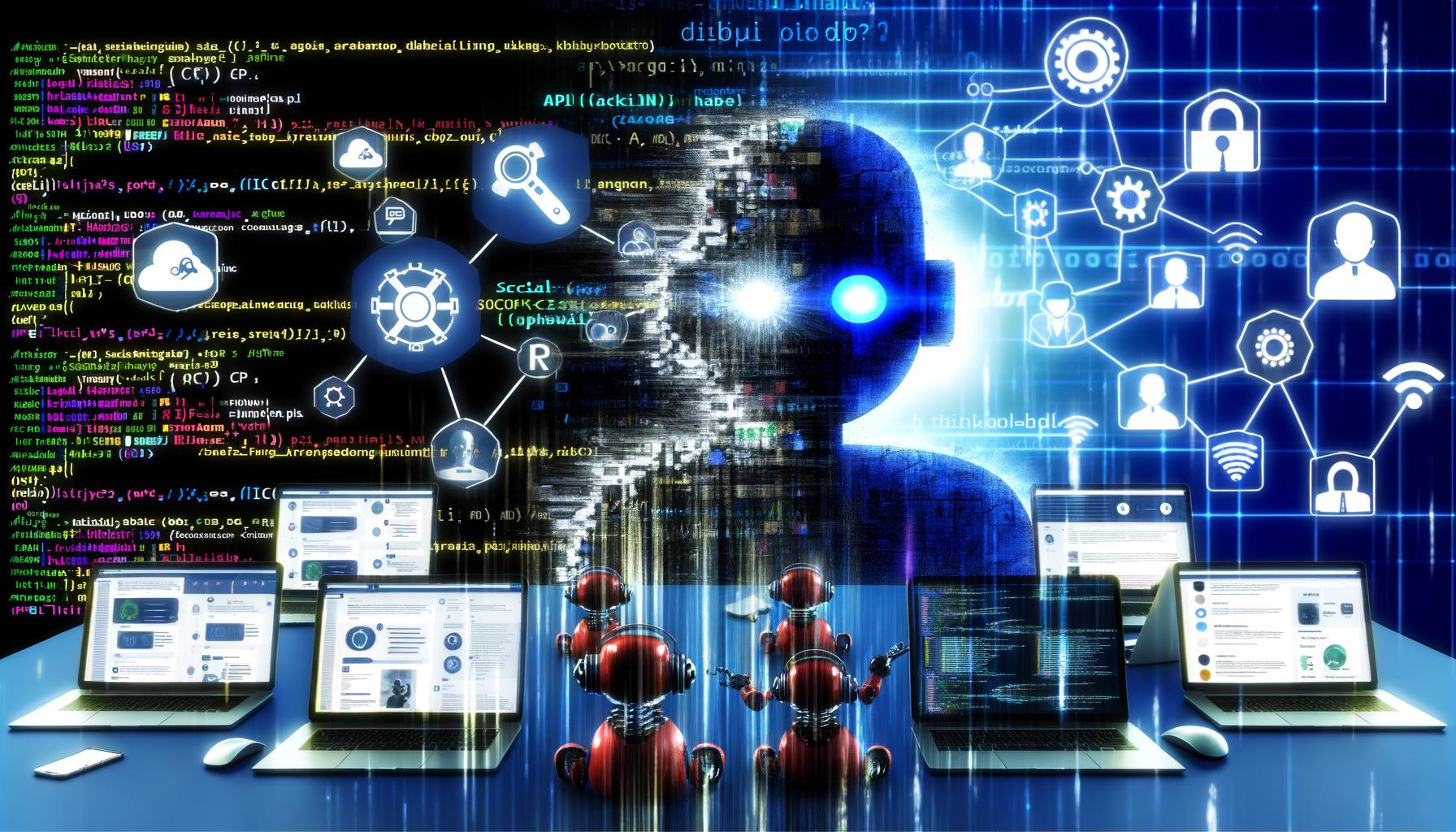 Moderner digitaler Arbeitsplatz mit mehreren Bildschirmen, die Social-Media- und CRM-Tools sowie einen zentralen Roboter zeigen, umhüllt von API-Code und Datenströmen, dazu Phantombuster-Phantoms bei der Automatisierung ihrer Aufgaben.