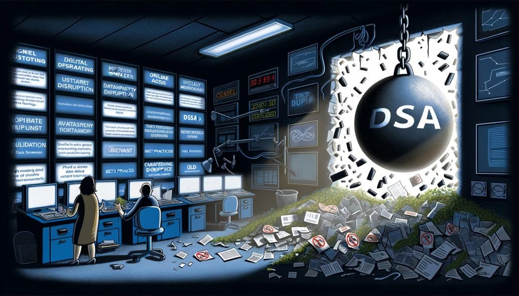 Dramatische Illustration eines Marktcontrollers in einem dunklen Raum voller alter Dashboards, manuell verlegter Kabel und 404-Fehlermeldungen, während eine DSA-Abrissbirne hereinbricht und Licht und Wandel bringt.