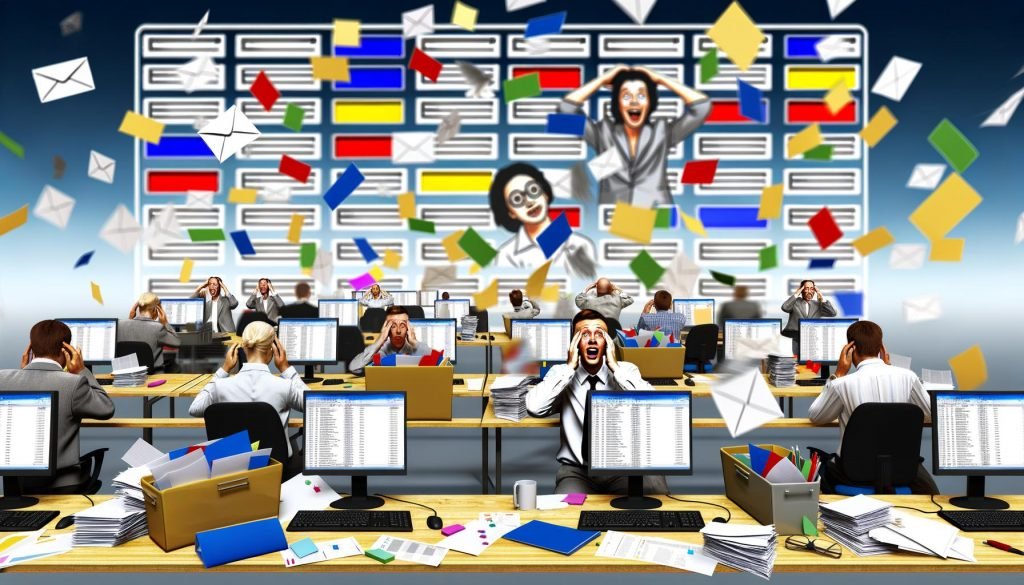 Dynamische, moderne Illustration eines überforderten deutschen Marketing-Büros mit vollen Monitoren, ausgedruckten Excel-Listen, Post-its und gestressten Mitarbeitern.