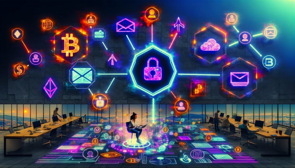 Futuristischer Entwickler arbeitet an transparentem UI mit Blockchain-, NFT-, Smart-Contract- und dApp-Symbolen, umgeben von schwebenden digitalen Elementen und Team im modernen Büro.