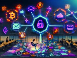 Futuristischer Entwickler arbeitet an transparentem UI mit Blockchain-, NFT-, Smart-Contract- und dApp-Symbolen, umgeben von schwebenden digitalen Elementen und Team im modernen Büro.