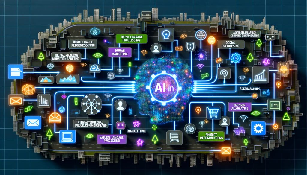 Moderne Visualisierung von KI-gestütztem Marketing. Menschliche Marketer und leuchtende Algorithmen arbeiten zusammen, umgeben von Datenströmen, Marketing-Icons, Infografiken zu KI-Komponenten, Herausforderungen, technischer Infrastruktur und einer Schritt-für-Schritt-Roadmap.