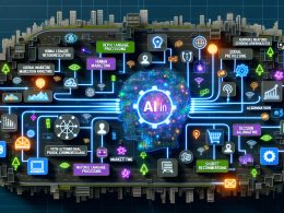 Moderne Visualisierung von KI-gestütztem Marketing. Menschliche Marketer und leuchtende Algorithmen arbeiten zusammen, umgeben von Datenströmen, Marketing-Icons, Infografiken zu KI-Komponenten, Herausforderungen, technischer Infrastruktur und einer Schritt-für-Schritt-Roadmap.