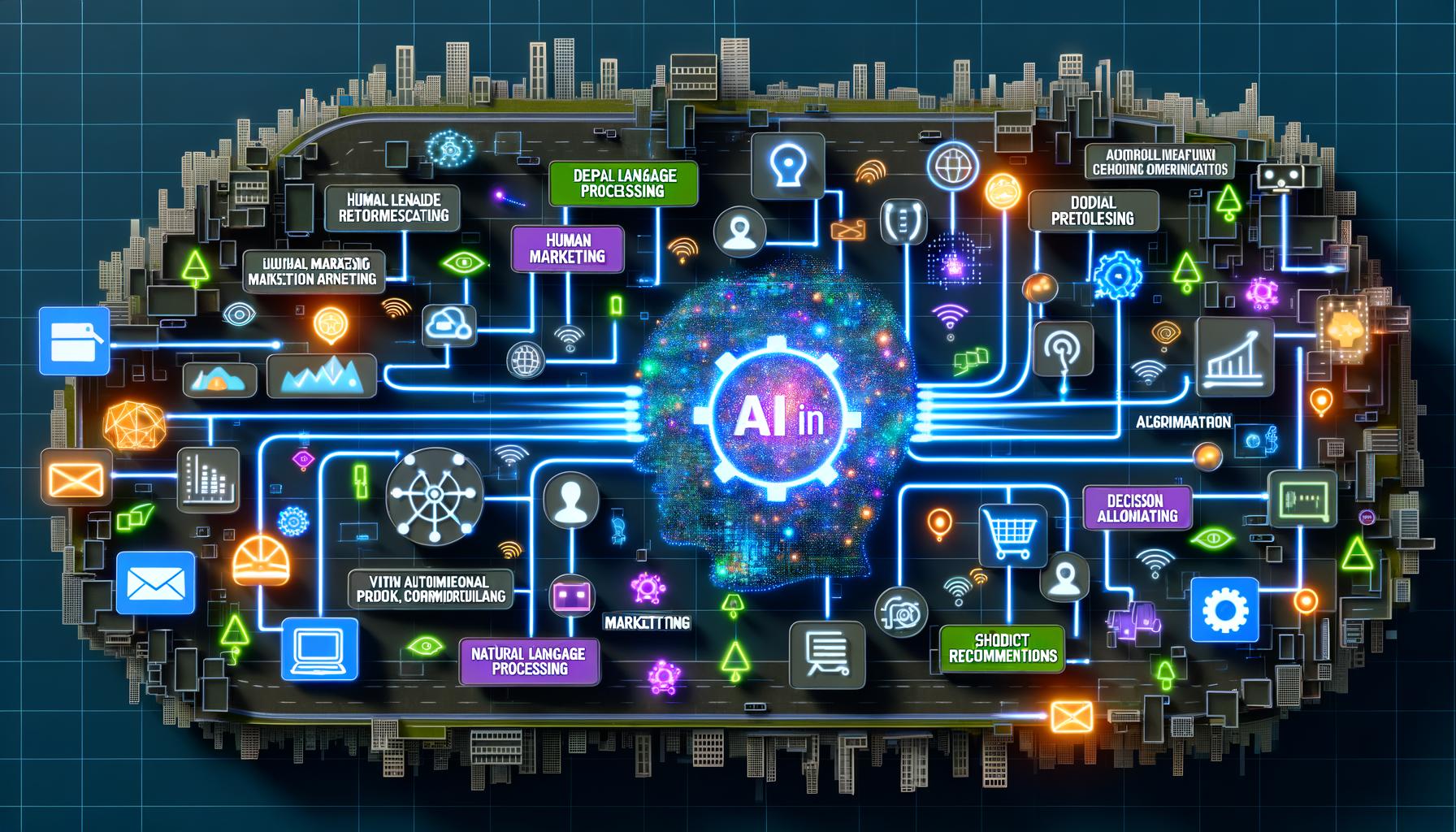 Moderne Visualisierung von KI-gestütztem Marketing. Menschliche Marketer und leuchtende Algorithmen arbeiten zusammen, umgeben von Datenströmen, Marketing-Icons, Infografiken zu KI-Komponenten, Herausforderungen, technischer Infrastruktur und einer Schritt-für-Schritt-Roadmap.