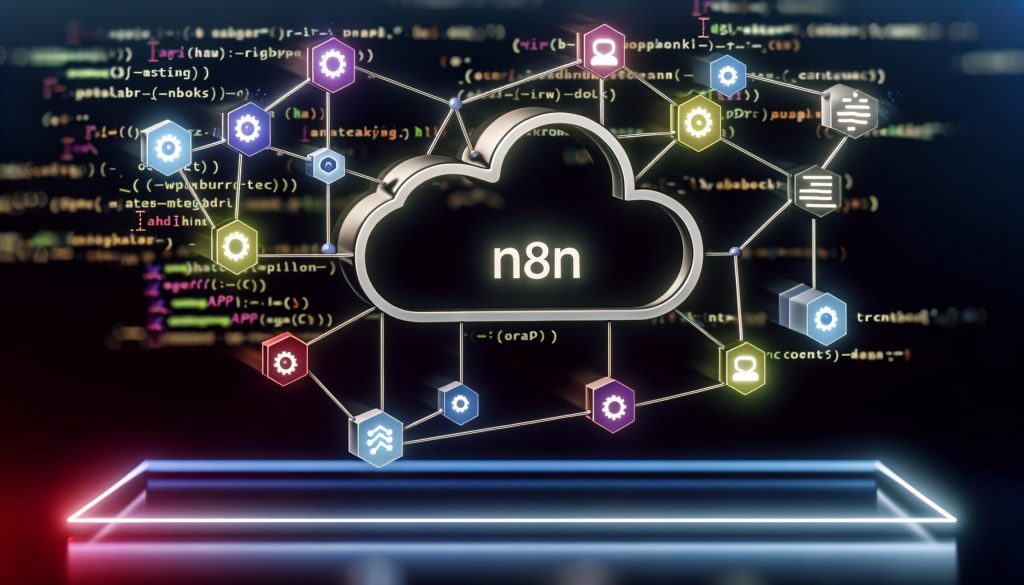 Dynamische Grafik eines DAG-Workflows mit verbundenen, farbigen Nodes, n8n-Icons, API- und Webhook-Symbolen sowie Codeblöcken auf dunklem Hightech-Hintergrund.