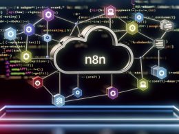 Dynamische Grafik eines DAG-Workflows mit verbundenen, farbigen Nodes, n8n-Icons, API- und Webhook-Symbolen sowie Codeblöcken auf dunklem Hightech-Hintergrund.