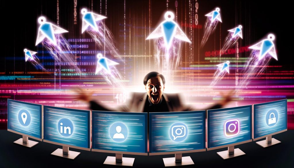 Futuristische Online-Marketing-Steuerzentrale mit mehreren Monitoren, Phantombuster-Logo und Social-Media-Icons, umgeben von leuchtenden Datenströmen und dynamischen Symbolfiguren.