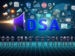 Dramatische Illustration eines gigantischen DSA-Schriftzugs als Mauer zwischen Online-Marketing-Symbolen und Business-Vertreter:innen, mit digitalen Elementen und Kontrasten zwischen Chancen und Risiken.