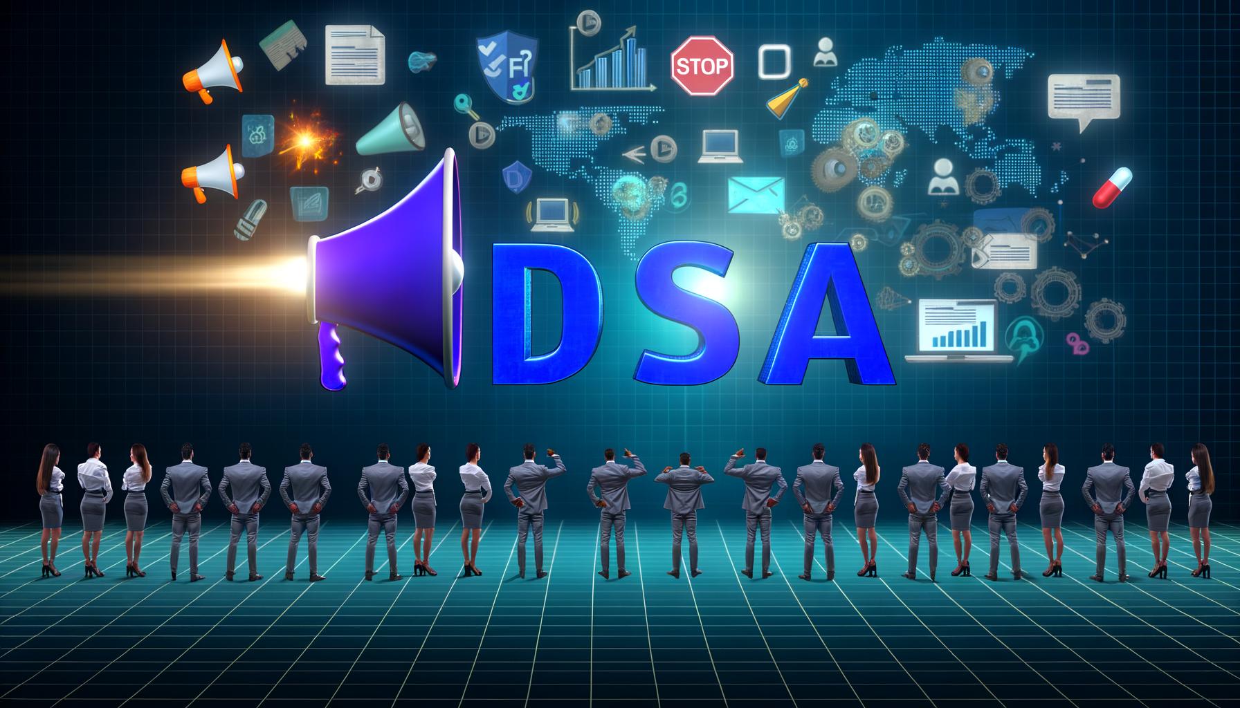 Dramatische Illustration eines gigantischen DSA-Schriftzugs als Mauer zwischen Online-Marketing-Symbolen und Business-Vertreter:innen, mit digitalen Elementen und Kontrasten zwischen Chancen und Risiken.