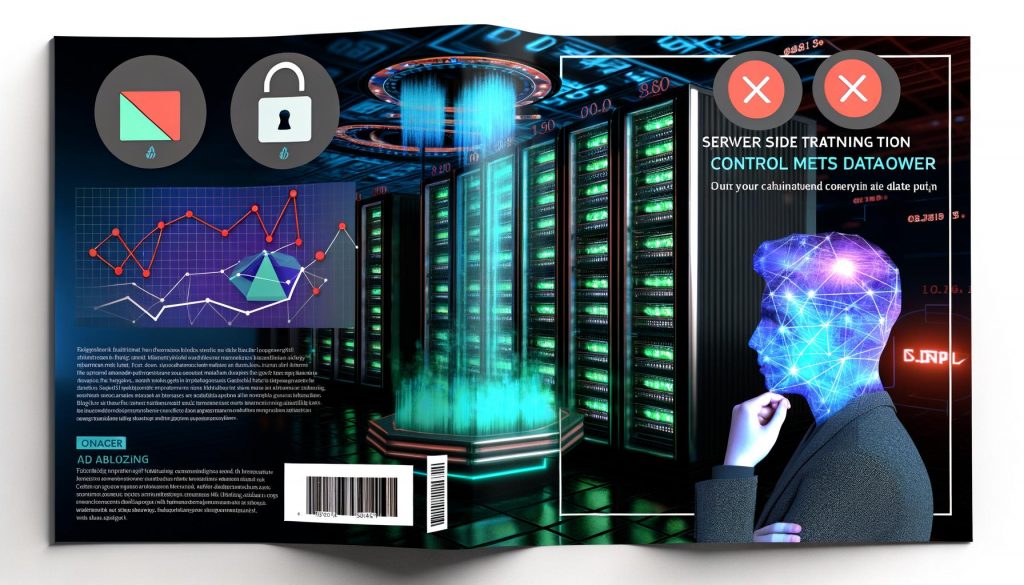 Futuristische Serverlandschaft mit Analyse-Dashboard und souveräner Person, die datengetriebene Kontrolle über ein modernes Rechenzentrum ausübt. Im Hintergrund blockierte Browser-Symbole als Zeichen für Datenschutz.