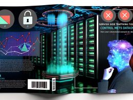 Futuristische Serverlandschaft mit Analyse-Dashboard und souveräner Person, die datengetriebene Kontrolle über ein modernes Rechenzentrum ausübt. Im Hintergrund blockierte Browser-Symbole als Zeichen für Datenschutz.